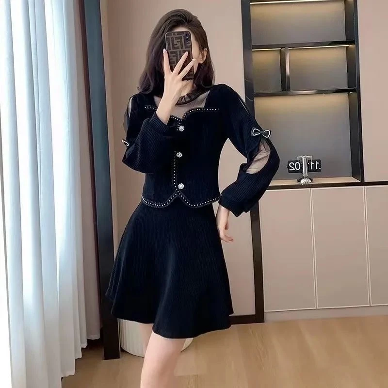 入秋法式复古小香风套装裙女春秋季新款感名媛气质小黑裙子两件套