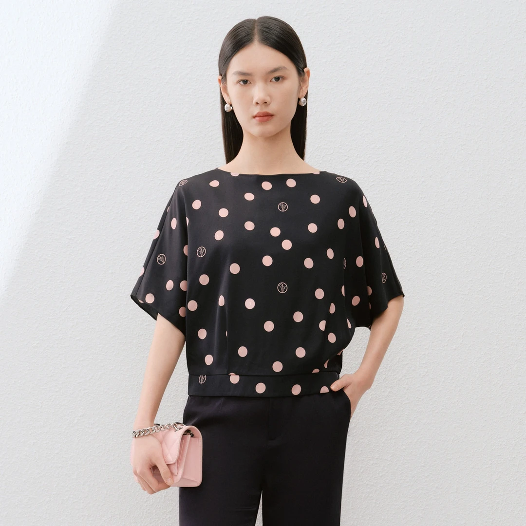 CADIDL【晨粉专享价】【含桑蚕丝】夏款撞色圆点宽松透气蝙蝠短袖衬衫