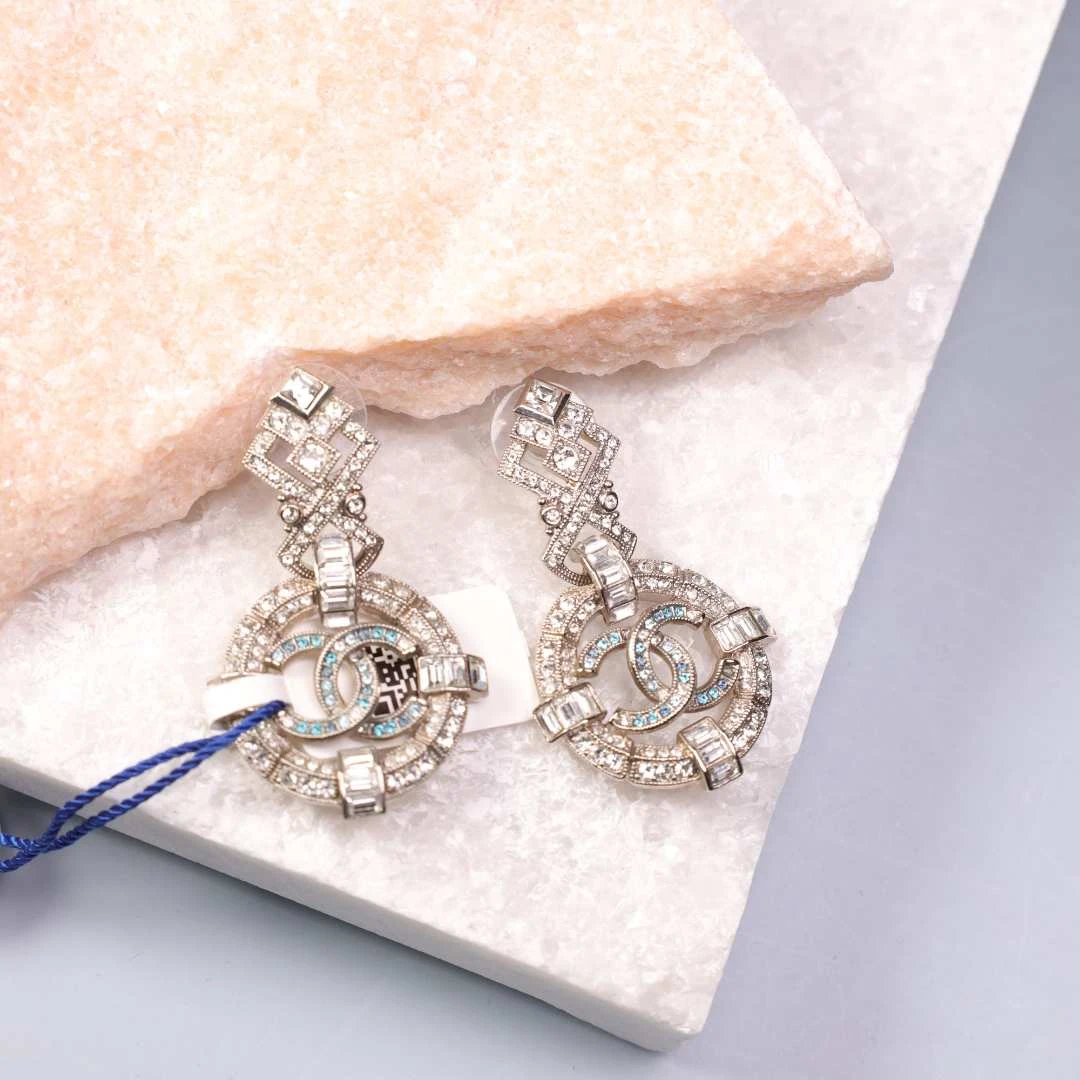 95新 Chanel/香奈儿 柚礼中古/香奈儿蓝色莱茵石双c耳钉lz512368