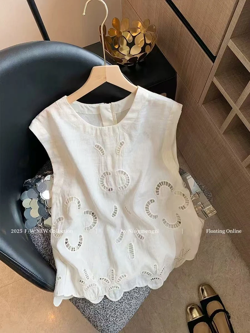 设计感镂空钩花刺绣亚麻背心女2025新款小个子减龄别致无袖上衣韩