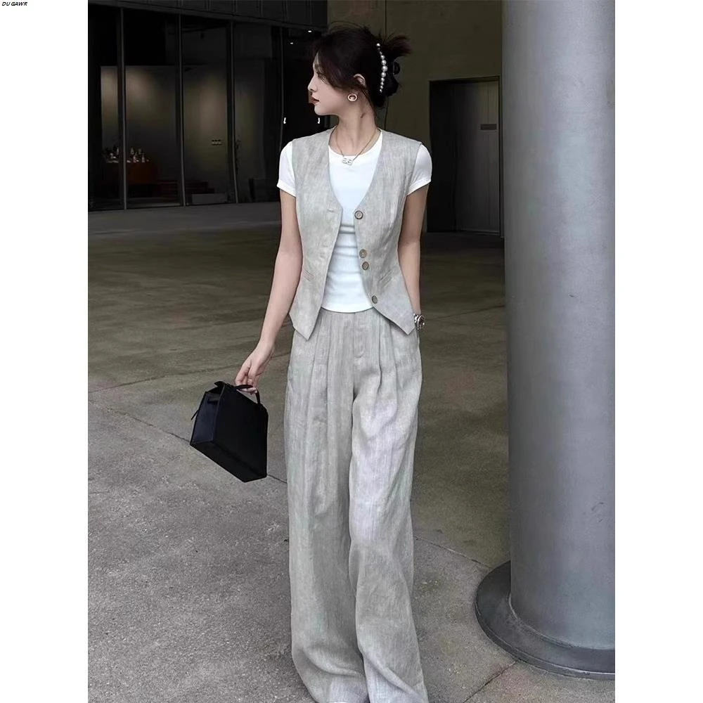 2025夏季新款气质减龄显瘦时尚休闲无袖马甲高腰阔腿裤三件套装女