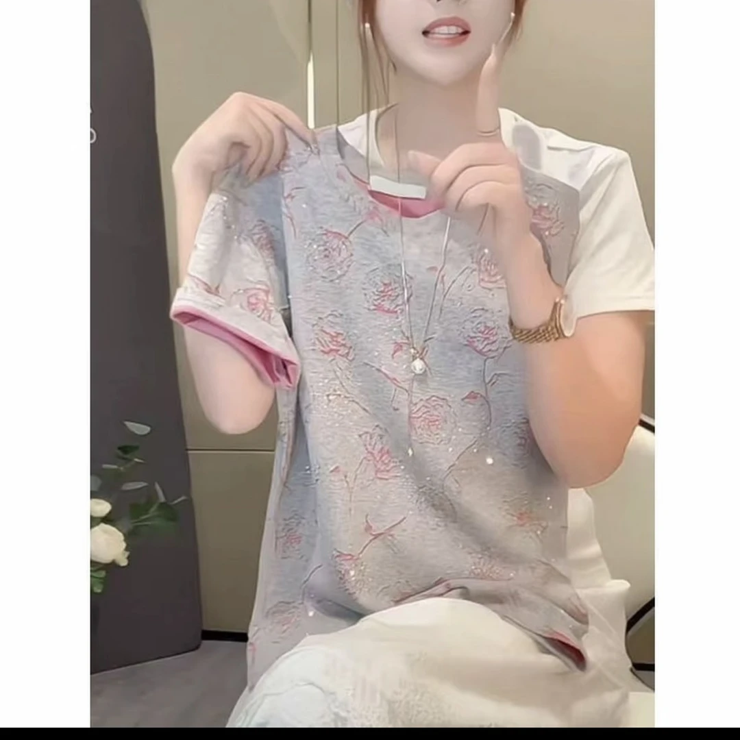 圆领杂志风拼接短袖植物花卉T恤休闲时尚夏季设计师网红印花ins