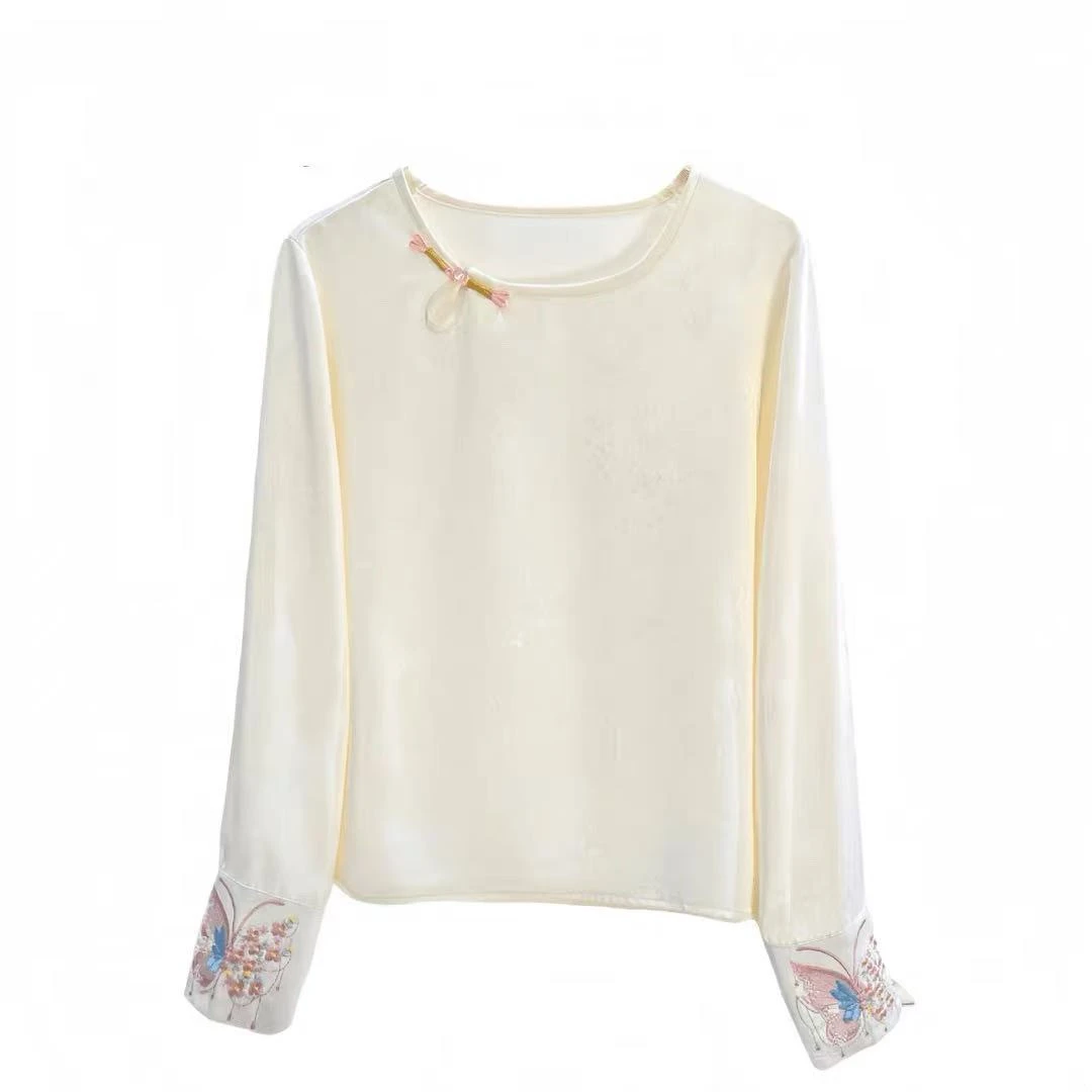 新中式早秋新款重工刺绣复古盘口圆领提花显瘦百搭打底衫女