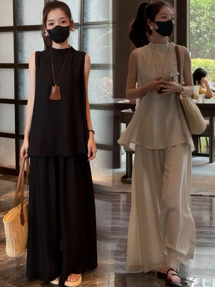 时尚套装女2025夏季新款禅意风半高领无袖后开叉上衣阔腿裤两件套