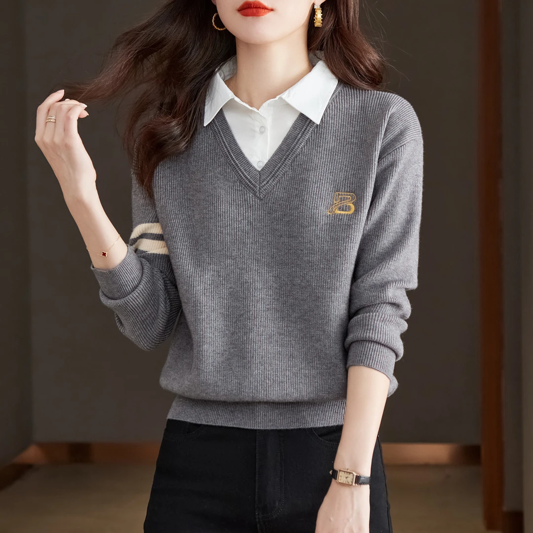 衬衫领拼接假两件针织毛衣女2025秋冬新款韩版宽松减龄洋气打底衫