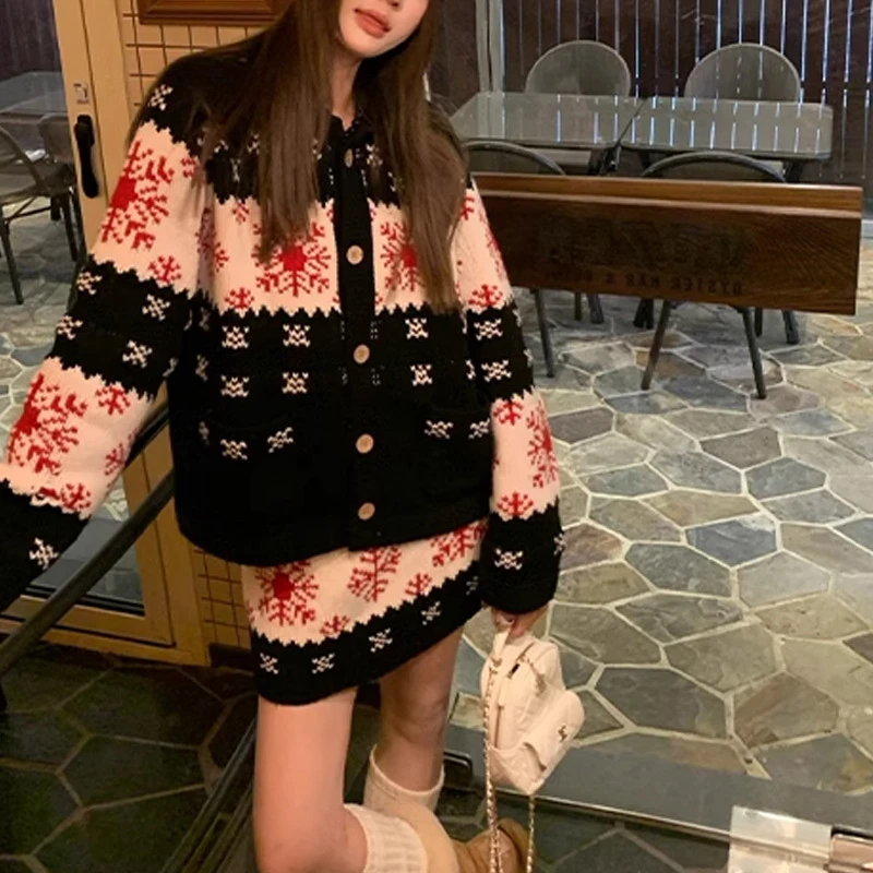复古费尔岛慵懒风设计感翻领毛衣外套女冬季穿搭套装针织半身裙女