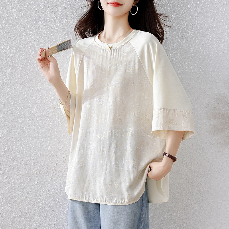 时尚提花短袖T恤女2025年夏季新款宽松上衣欧货大码女装国风短袖