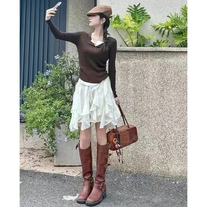 白色不规则蕾丝拼接短裙女夏季新款松弛感显瘦a字高腰蓬蓬蛋糕裙