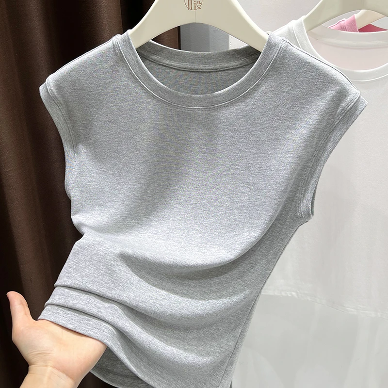 气质圆领无袖修身针织背心夏季百搭薄款打底衫灰色外穿T恤上衣女