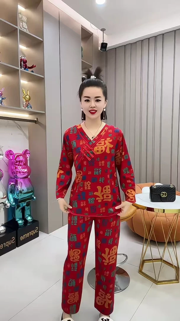 新年新款睡衣家居服洋气显瘦福来到百福睡衣套装上衣+裤子国风