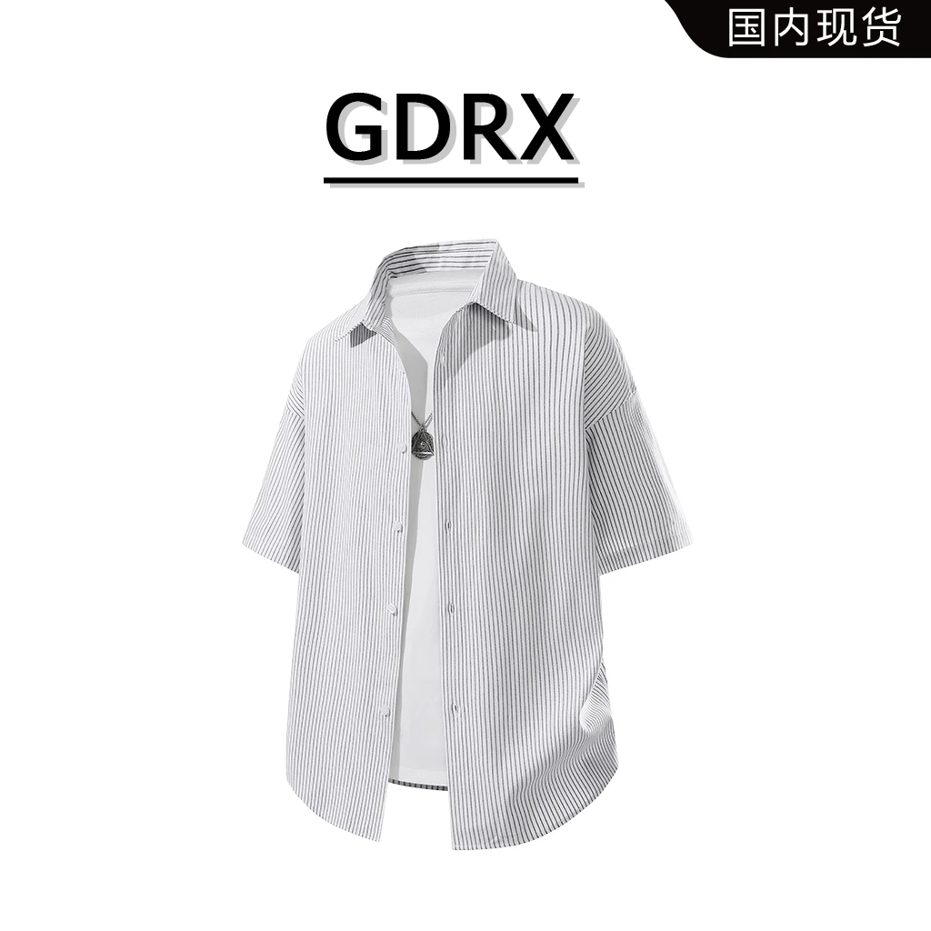 GDRX美式休闲条纹男士短袖衬衫2025夏季新款轻奢痞帅薄款衬衣外套
