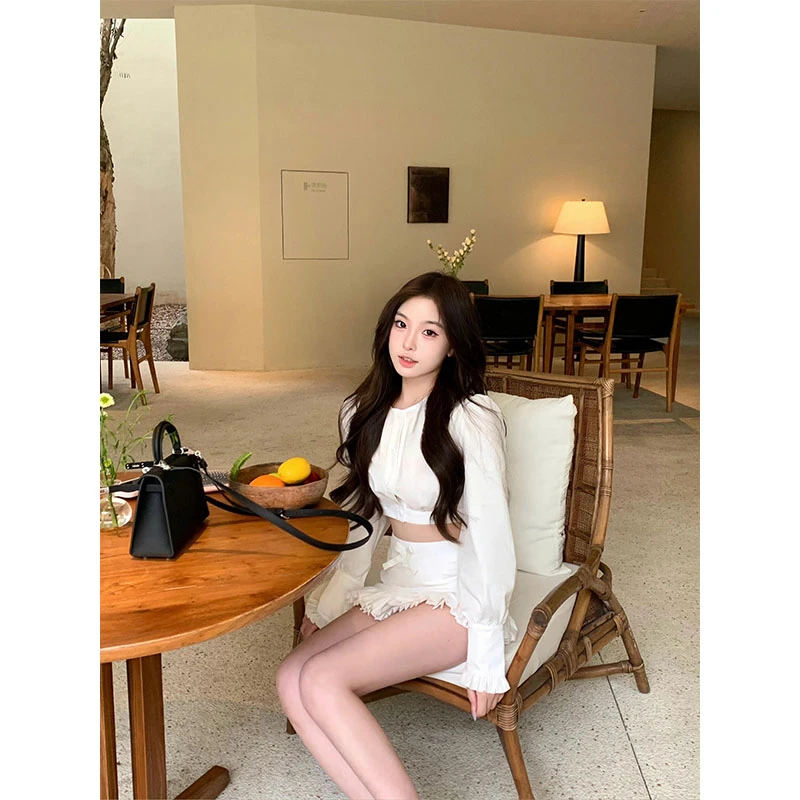 韩系甜美风休闲百搭时尚短款设计感长袖上衣高腰花边显瘦半身裙女