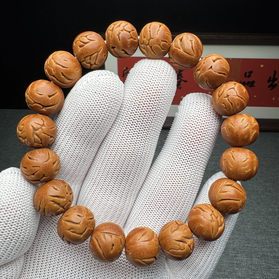 「能能出品」秦岭龙珠龙纹桃核红油皮光珠桃核手串尺寸14一级全品