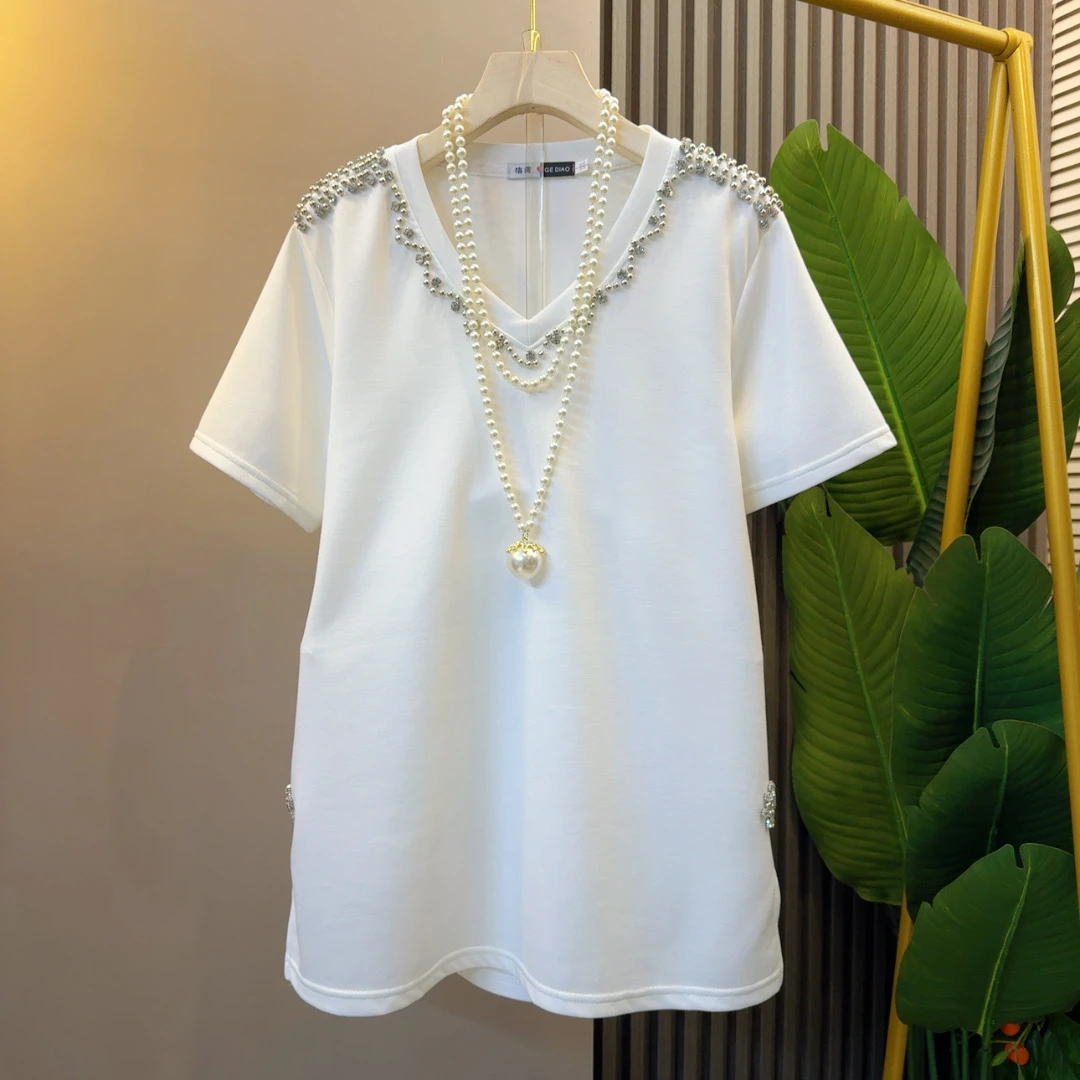 夏季新款原创重工镶钻时装T恤衣长70左右显瘦气质