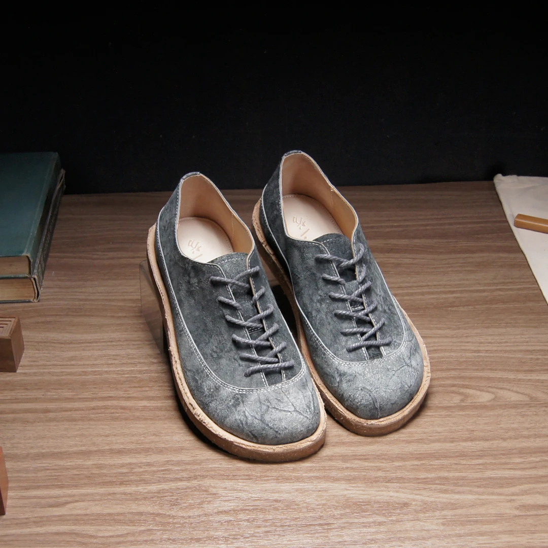 虫二坊系带勃肯鞋女休闲平底软底单鞋男灰色圆头交叉绑带鞋烟胶底