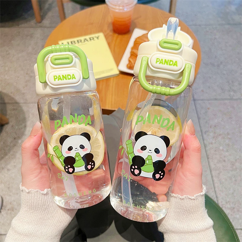 可爱熊猫儿童水杯男女孩清新运动吸管直饮两用塑料杯学生双饮杯子