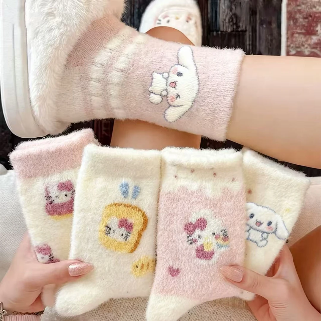 【五双】日系可爱卡通少女甜美中筒袜加厚保暖毛绒绒居家地板袜子yj