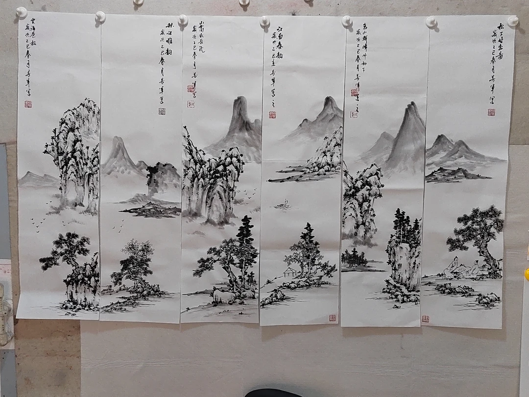 茶室客厅挂画仿古山水六条屏作品