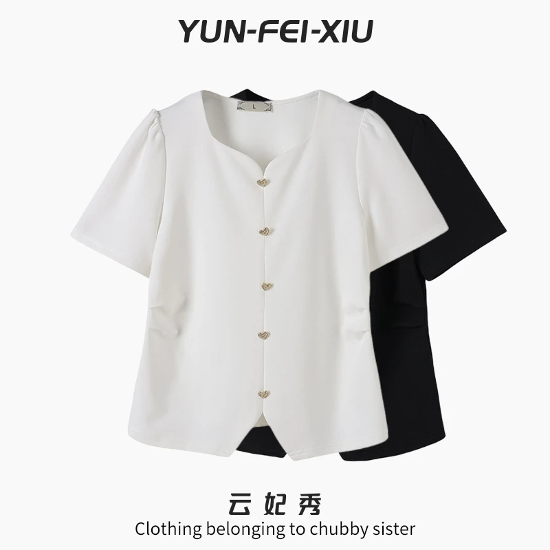 云妃秀大码女装上衣简约宽松休闲气质胖妹妹减龄显瘦T恤夏季68111