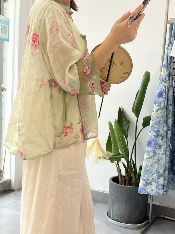 梨山·新中式斜襟盘扣刺绣苎麻衬衫春夏季外穿国风上衣