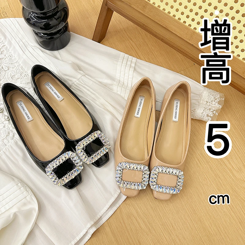 法式水钻方头漆皮单鞋女春新款配裙子气质百搭高级感高跟鞋女单鞋