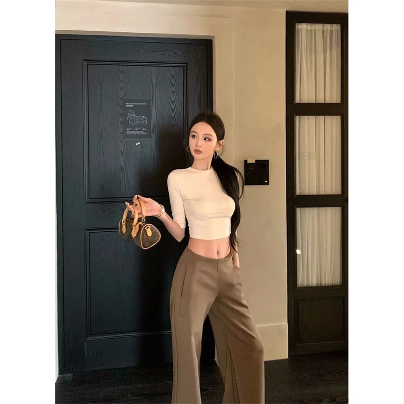 2025秋夏休闲辣妹低腰修身紧身圆领中袖T恤松弛感休闲直筒阔腿裤