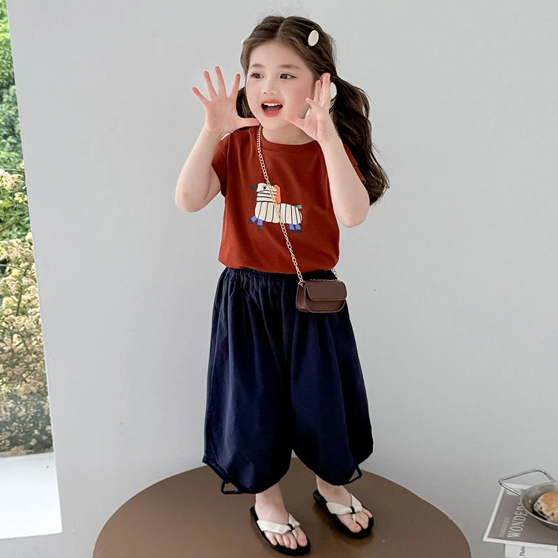 女童洋气休闲夏季薄款防蚊裤套装宝宝2025新款短袖两件套小女孩潮