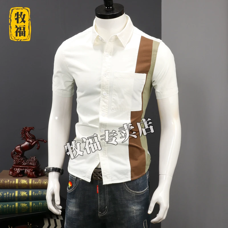 衬衫男短袖夏季薄款纯棉高级设计感拼接衬衣宽松休闲不对称上衣潮