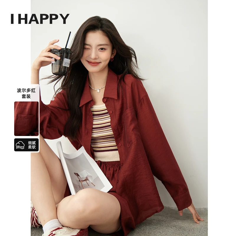 海贝套装女宽松莱赛尔衬衫休闲套装阔腿裤短裤两件套H4H07AW352