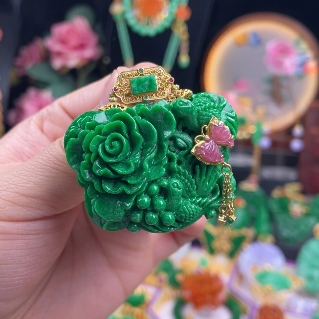 翡翠颈饰银S925镶嵌花青鸟语花香吊坠