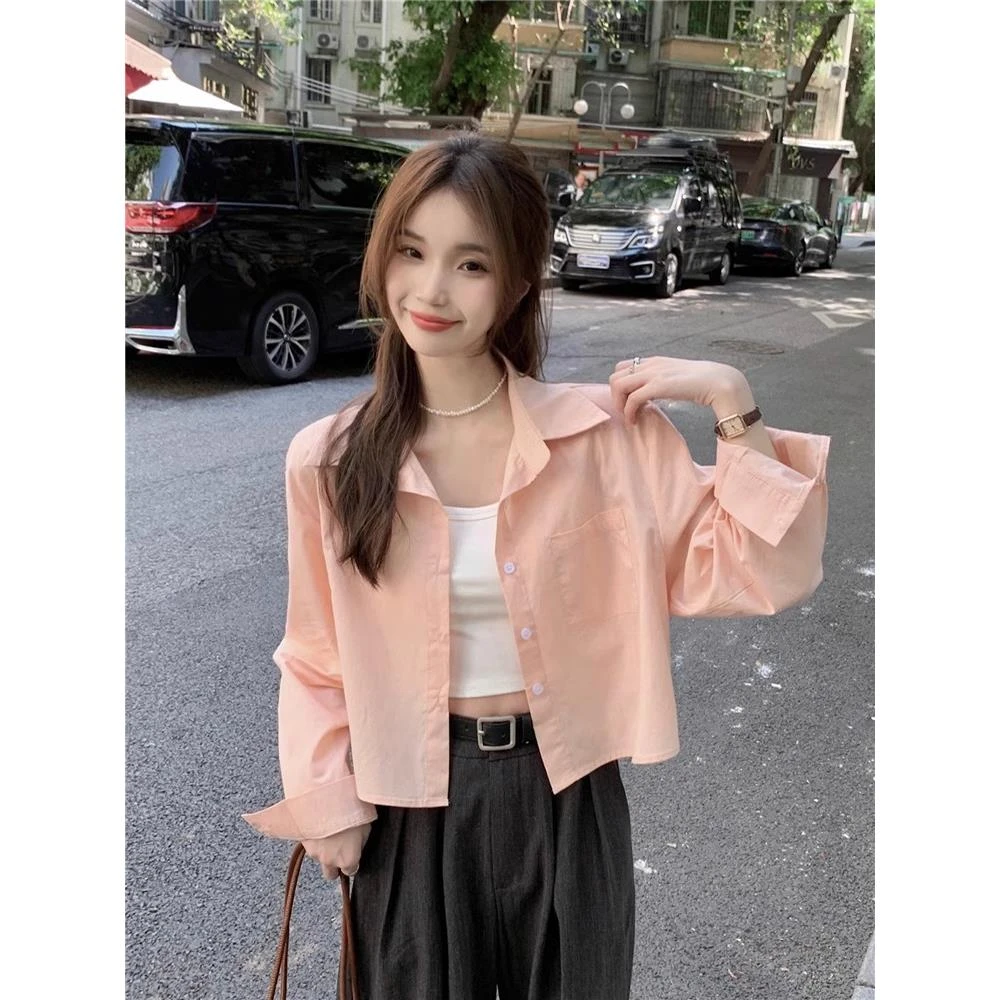 粉色短款防晒衬衫女夏小个子薄纱开衫衬衣外套春秋多巴胺上衣
