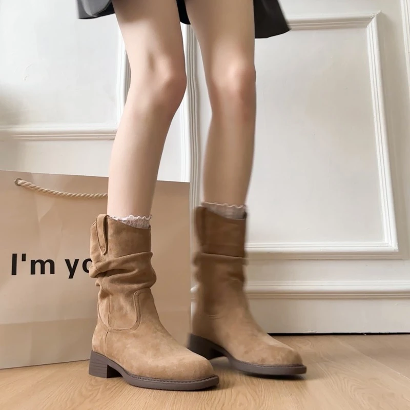 美拉德褶皱堆堆瘦瘦短靴2025秋季新款时尚复古西部牛仔中筒马丁靴