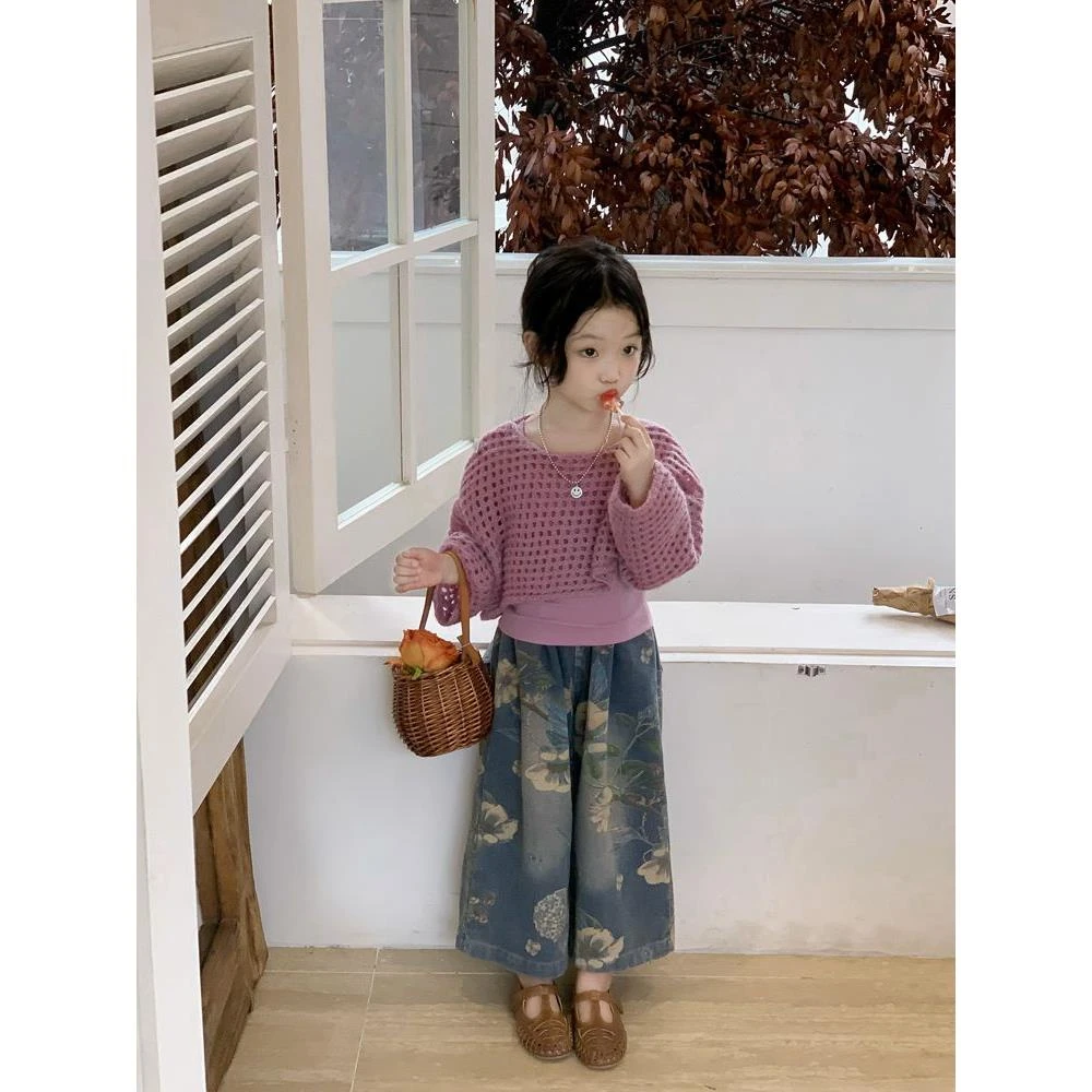 女童春秋套装2025新款儿童洋气镂空针织花朵牛仔裤三件套宝宝衣服