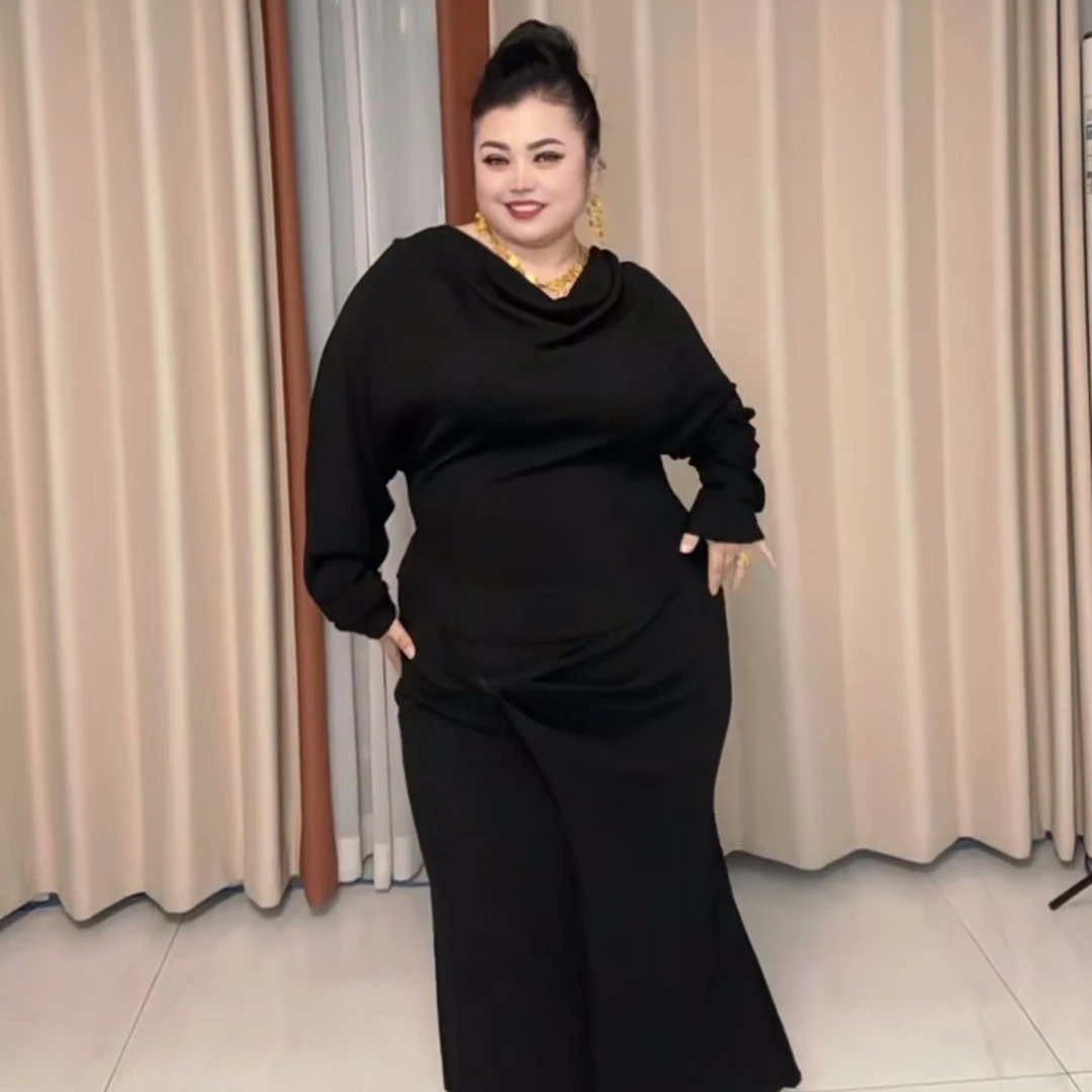 秋季露肩蝙蝠袖坑条针织上衣搭配显瘦半裙套装