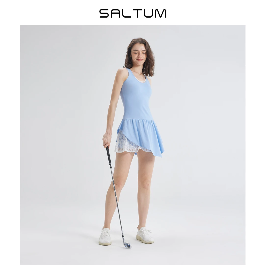 saltum网球裙连衣裙带胸垫蕾丝纱裙摆复古修身高尔夫运动休闲套装
