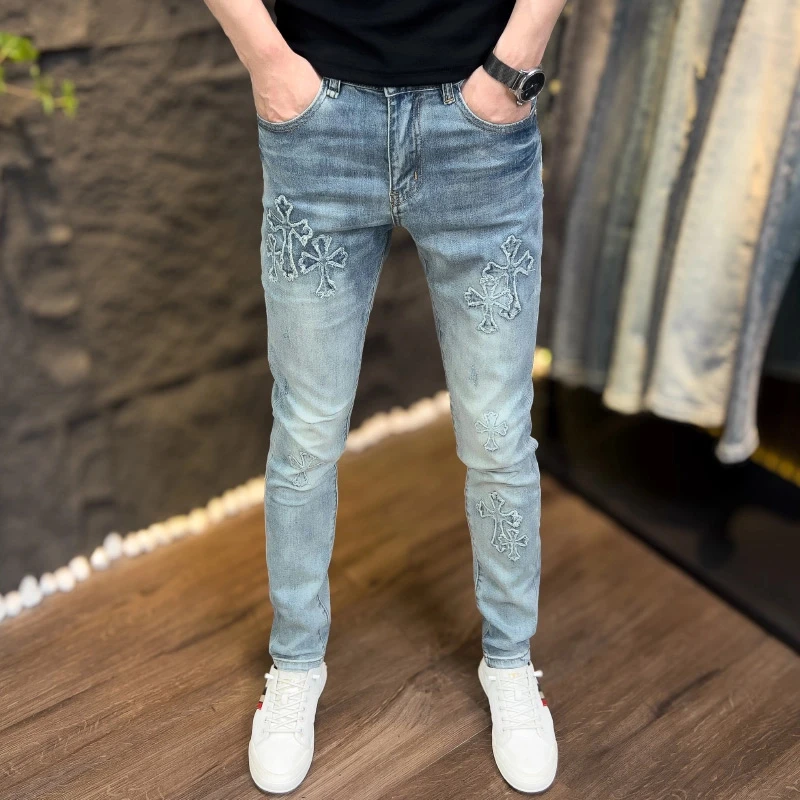 【轻奢高定】秋冬新款欧版男士潮流牛仔裤复古补丁百搭修身弹力小脚
