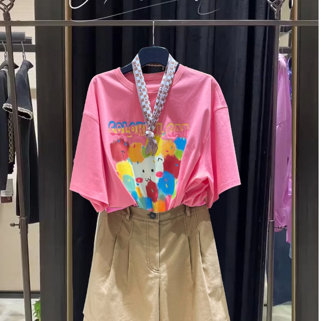 【商场同款】2025夏季新款圆领印花宽松大版短袖t恤女粉上衣130065