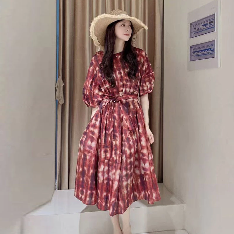 【商场同款】夏季新款百搭宽松圆领印花系带泡泡袖连衣裙550038