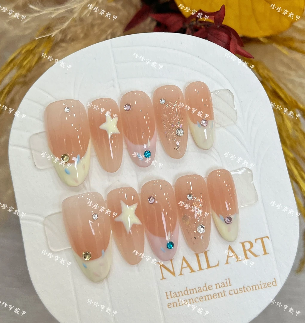 【星星圈】珍珍手工穿戴甲可爱显白甜甜圈法式配色星星可拆卸美甲
