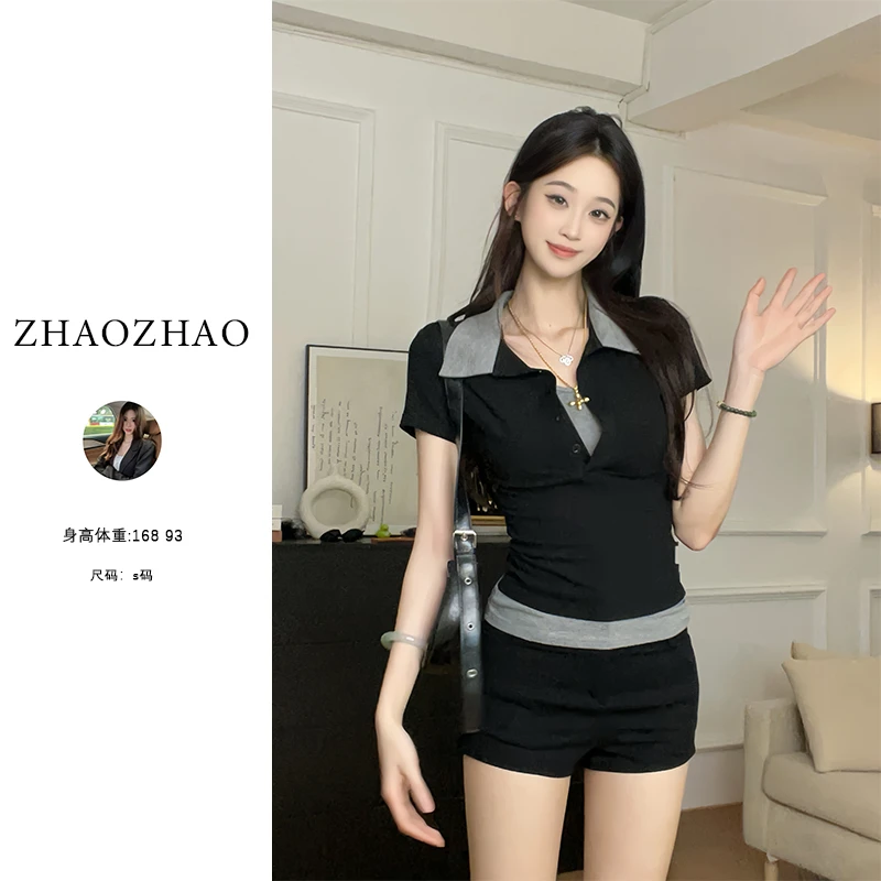 韩系假两件撞色短袖恤女夏季新款修身设计感小众上衣