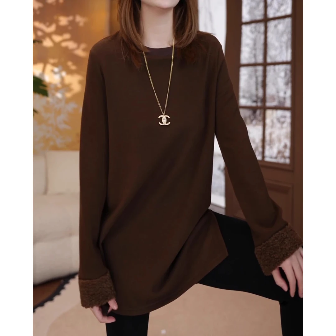 韩版休闲圆领磨毛中长款T恤秋季时尚百搭宽松洋气减龄打底衫