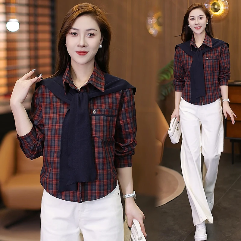 格子衬衫秋季新款显瘦韩版针织披肩长袖衬衫洋气减龄衬衣小衫3525