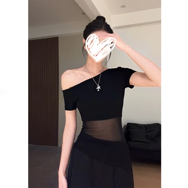 梦优莱欧美风性感辣妹纱网拼接斜领短袖T恤女夏季时尚气质小上衣