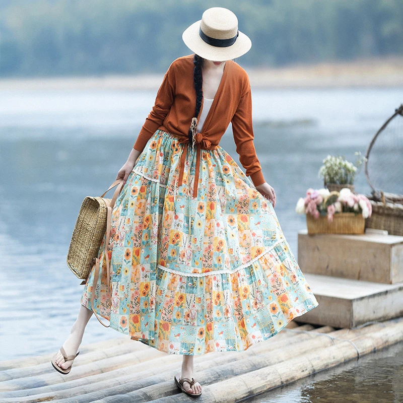 现货【繁花伴春】文艺百搭浪漫印花半身裙女2025春精致蕾丝花边长裙