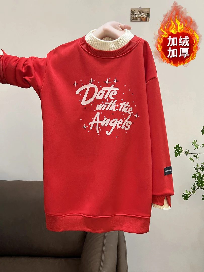 400克重磅假两件卫衣加绒加厚款冬季宽松中长款圆领上衣印花字母