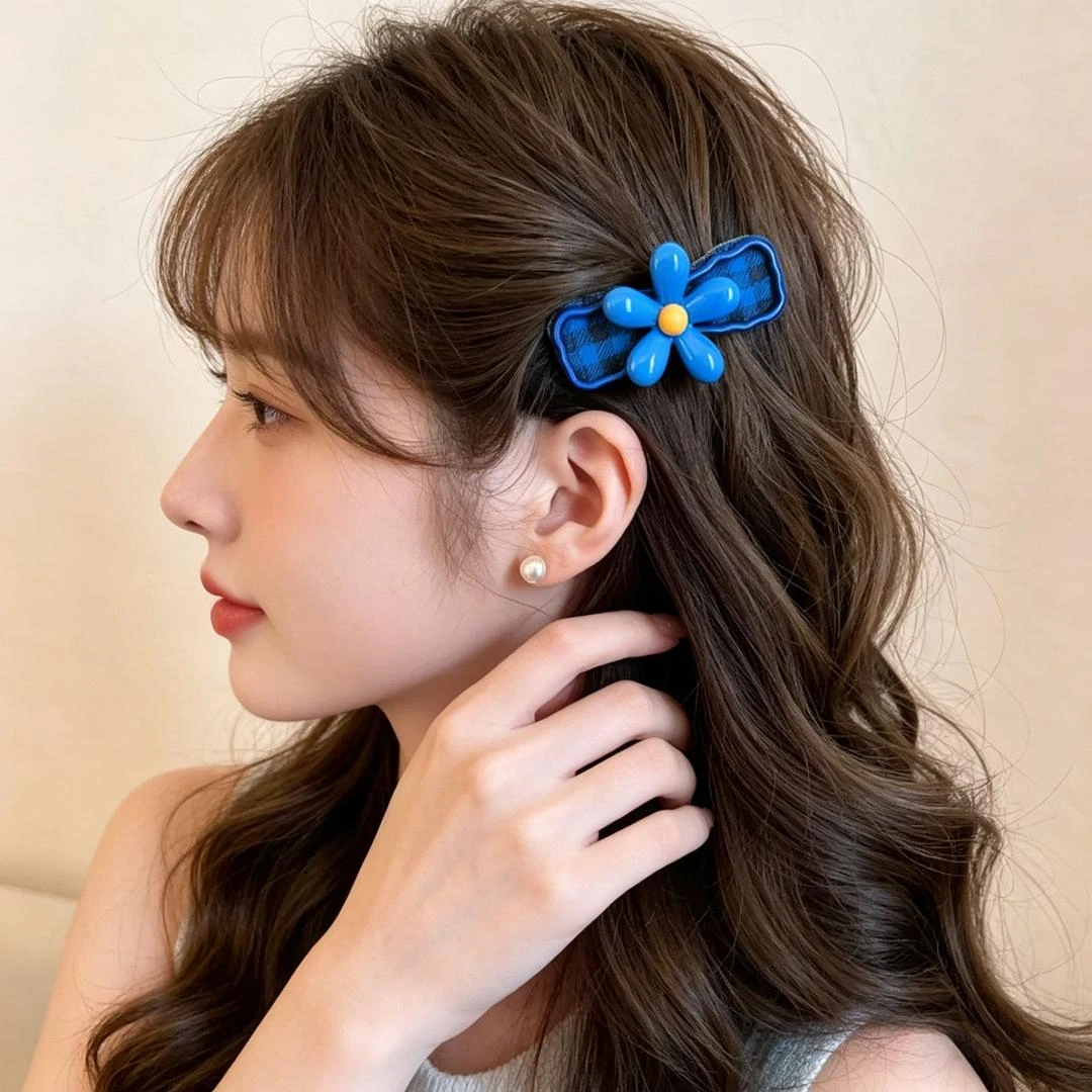 韩系蓝色发夹女花朵格纹侧边夹发卡高端前额刘海夹子2026新款发绳商品图