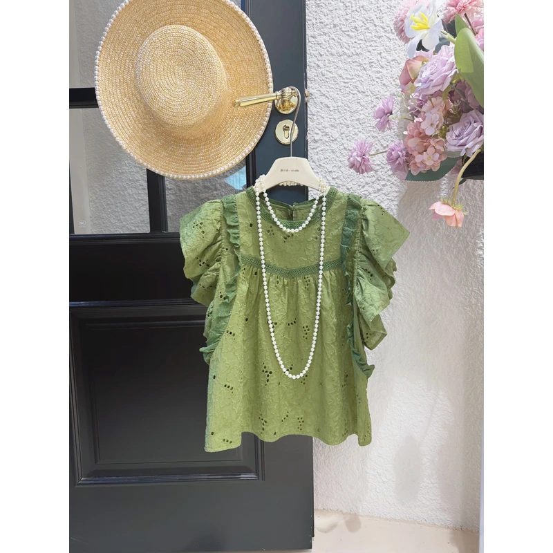 钩花蕾丝荷叶边小飞袖重工复古镂空刺绣甜美娃娃衫女6685