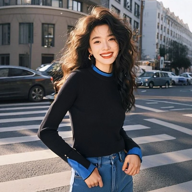 【现货现发】简约假两件设计撞色拼接修身显瘦毛衣针织衫长袖打底衫