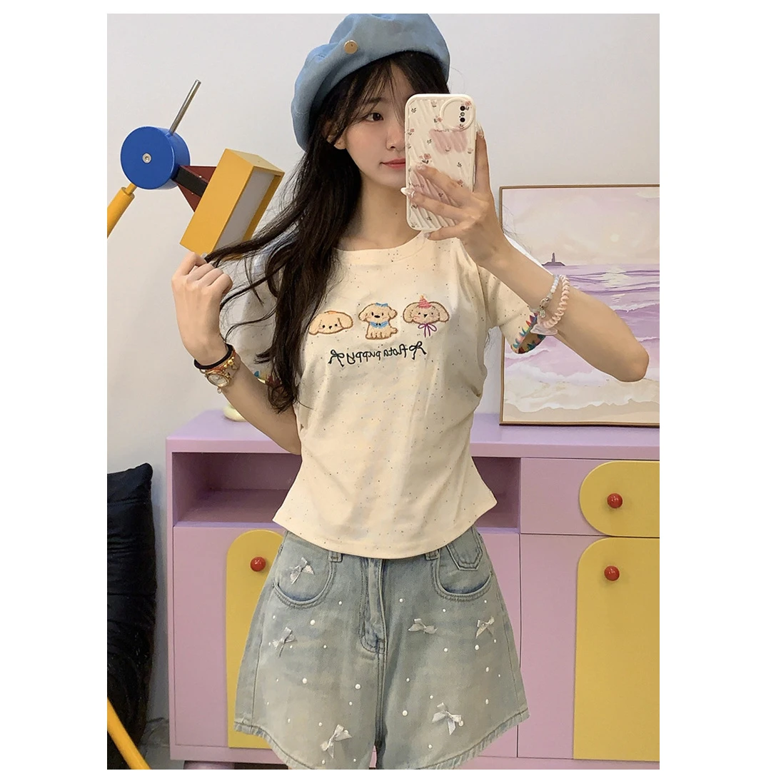 【大码】8147女装百搭假两件可爱蝴蝶结体恤夏季短袖遮肉显瘦上衣