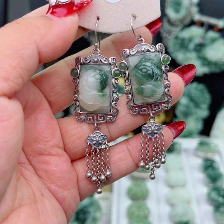 醉***胧透闪石-蛇纹石玉银S925镶嵌耳坠